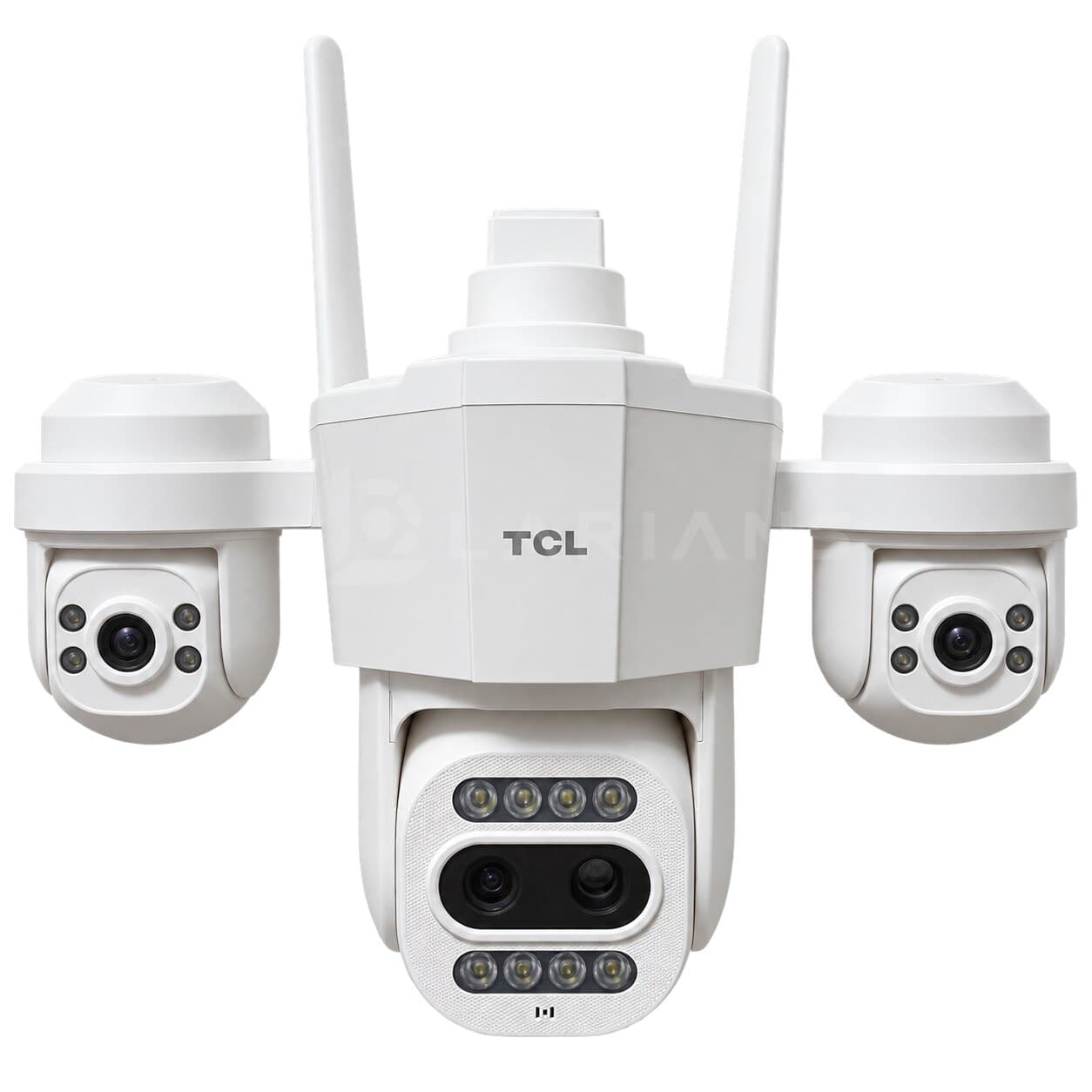 Камера видеонаблюдения TCL W19CZ-U — вид спереди, центральный двойной объектив и две поворотные камеры